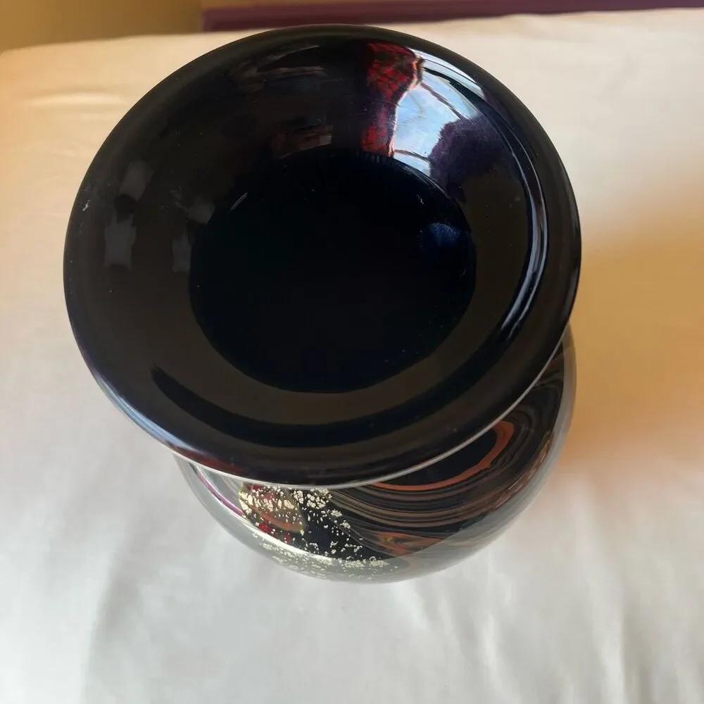 Murano Style Art Glass Vase Hand Blown Black with Gold Foil Mid Century Modern - Picture 5 of 12